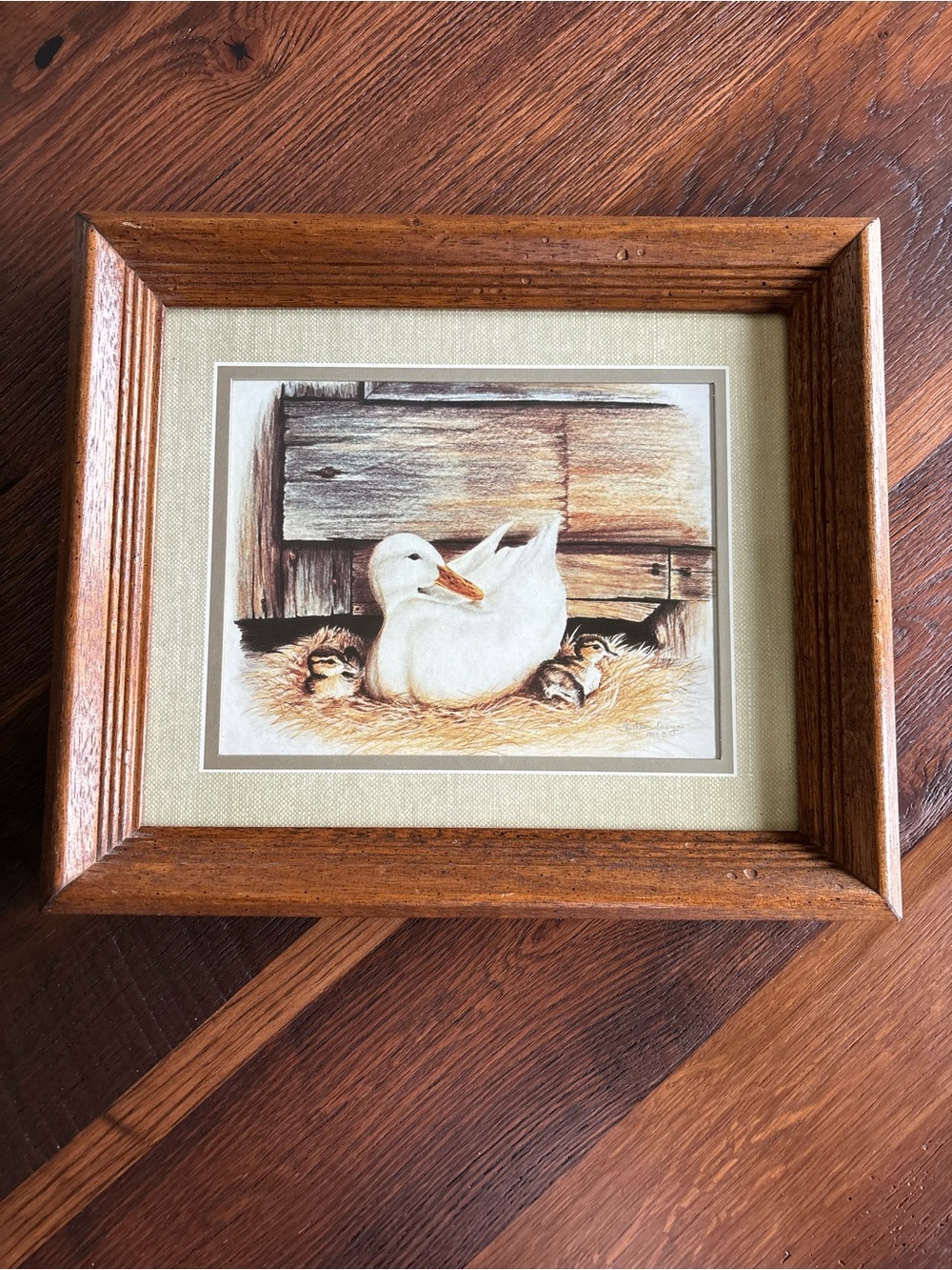 Vintage Art Print, “Duck With Ducklings” 1984 Kathleen Casey Matted Wood Frame